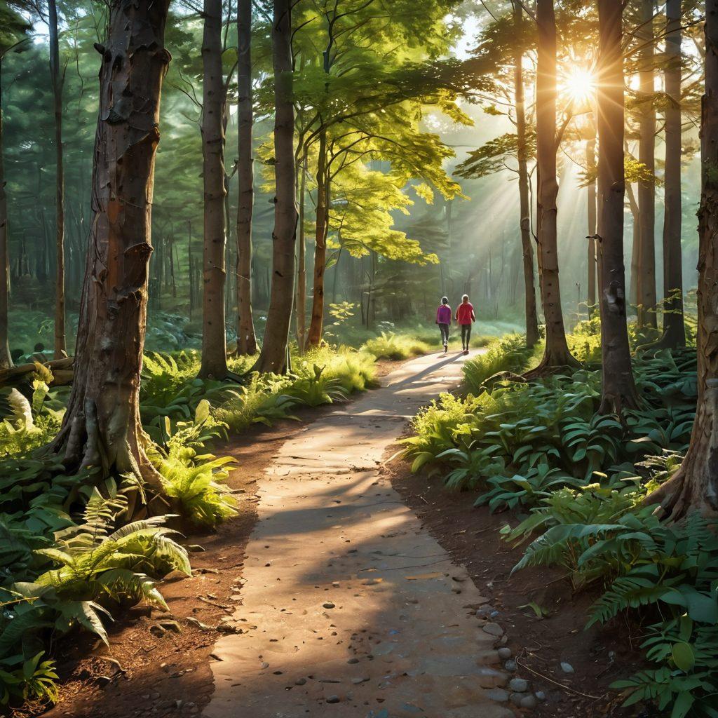 A serene landscape featuring a winding path through a vibrant forest, symbolizing a journey towards wellness. Along the path, include icons of healthy practices like meditation, nutrition, and exercise. In the background, soft sunlight filtering through the trees represents hope and healing. Add a diverse group of individuals walking together, showcasing unity and support among cancer warriors. super-realistic. vibrant colors. 3D.