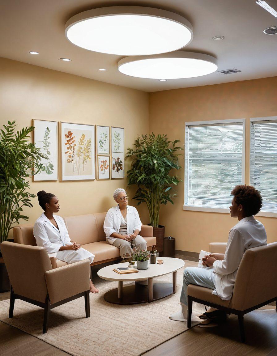 A diverse group of patients in a serene treatment room, engaging in collaborative discussions with compassionate healthcare professionals, surrounded by uplifting visual aids about wellness strategies and cancer treatment options. The atmosphere radiates positivity with plants and soft lighting. Convey a sense of empowerment and hopefulness. warm colors. super-realistic.