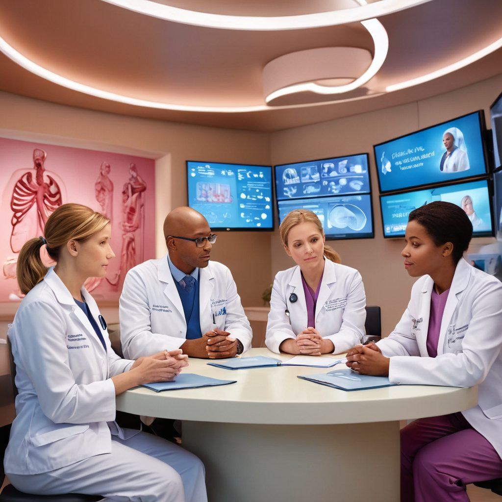 A serene medical environment showcasing a diverse group of compassionate healthcare professionals discussing oncology advancements with a patient, who appears hopeful and engaged. Visual elements include cancer awareness ribbons, an anatomy model, and digital screens displaying innovative treatments. Soft, reassuring lighting enhances the atmosphere, symbolizing support networks. super-realistic. vibrant colors. warm tones.